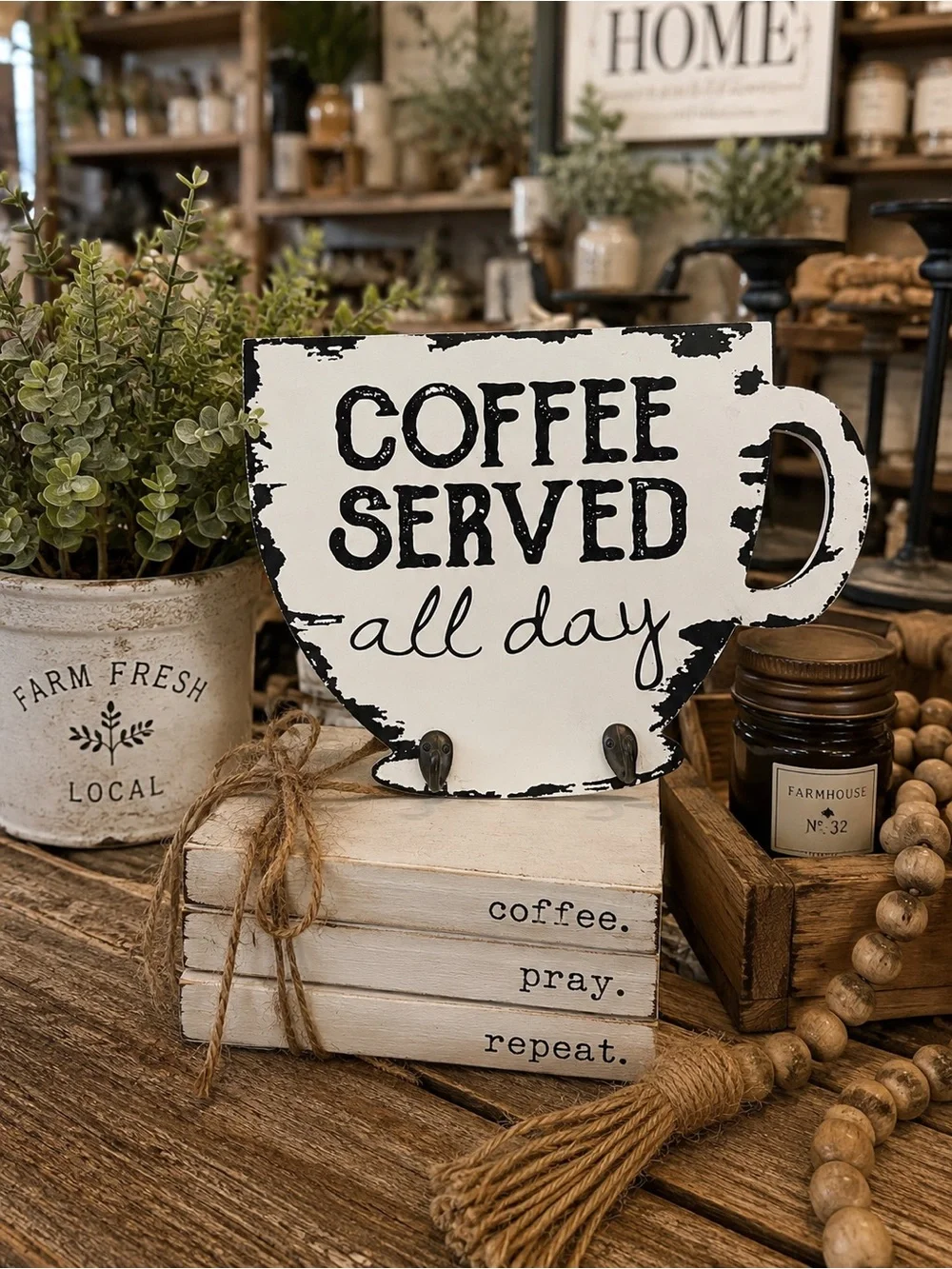 Creative Co-Op White Coffee Served All Day Wall Hook Sign